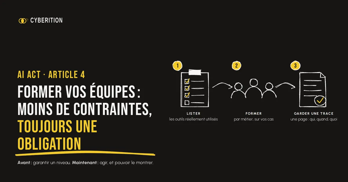 Croquis en trois étapes : lister les outils réellement utilisés, former par métier sur vos cas, garder une trace d’une page (qui, quand, quoi). Avant : garantir un niveau. Maintenant : agir, et pouvoir le montrer.